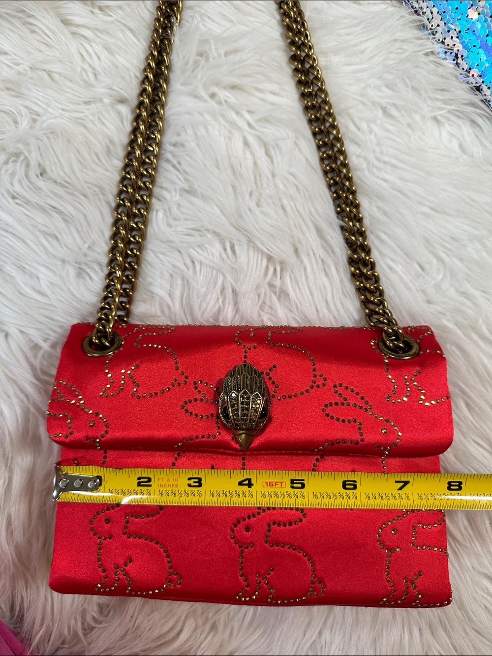 Kurt Geiger • Red Satin Kensington with Rabbit Print Glass Rhinestones Purse - Picture 12 of 17